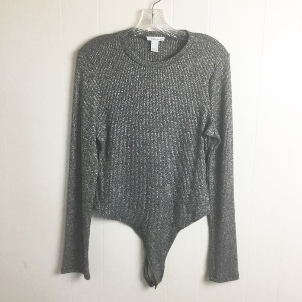 Revamped Metallic Silver Ribbed Long Sleeve Bodysuit